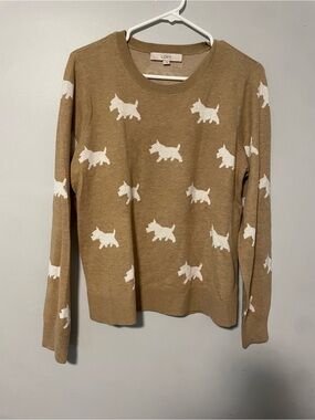 LOFT Women’s Camel Sweater with White Yorkie Dog Motif Large